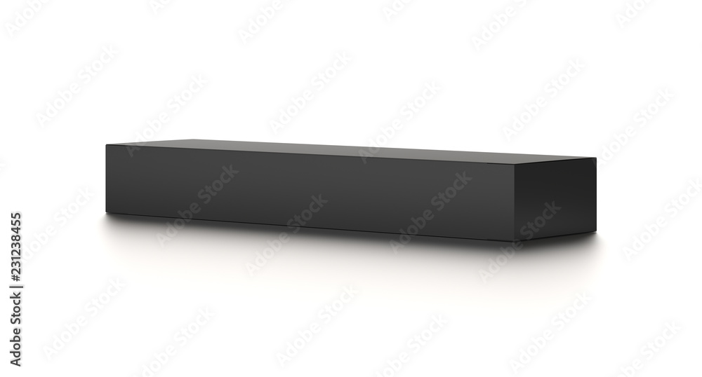 Black long horizontal thin blank box from top side far angle. 3D illustration isolated on white background. Black long horizontal thin blank box from top side far angle. 3D illustration isolated on white background.