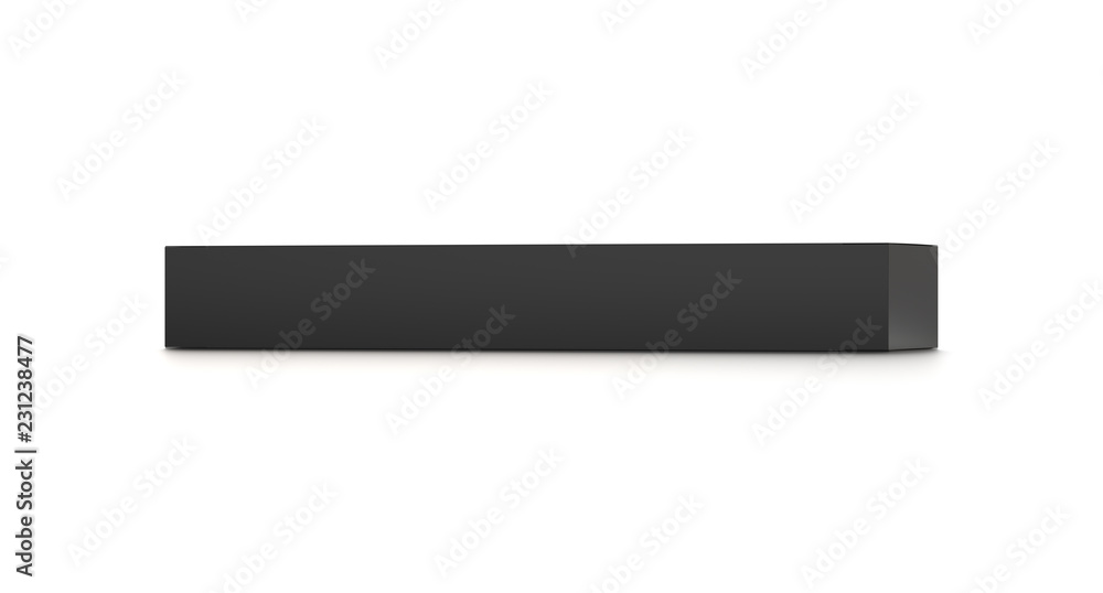 Black long horizontal thin blank box from front far angle. 3D illustration isolated on white background. Black long horizontal thin blank box from front far angle. 3D illustration isolated on white background.