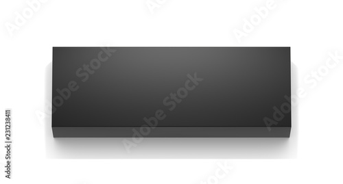 Black long horizontal thin blank box from top far angle. 3D illustration isolated on white background.