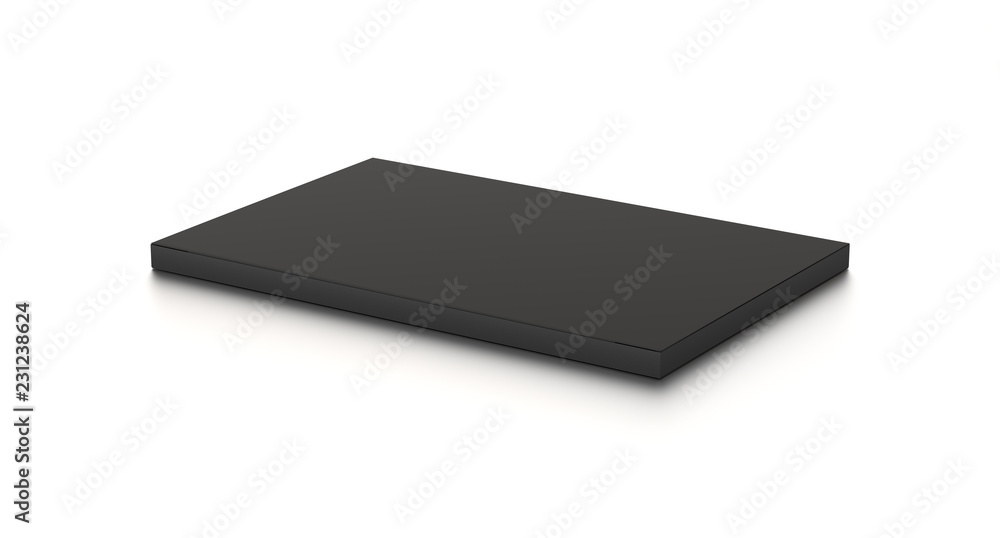 Black horizontal thin blank box from front top side angle. 3D illustration isolated on white background. Black horizontal thin blank box from front top side angle. 3D illustration isolated on white background.