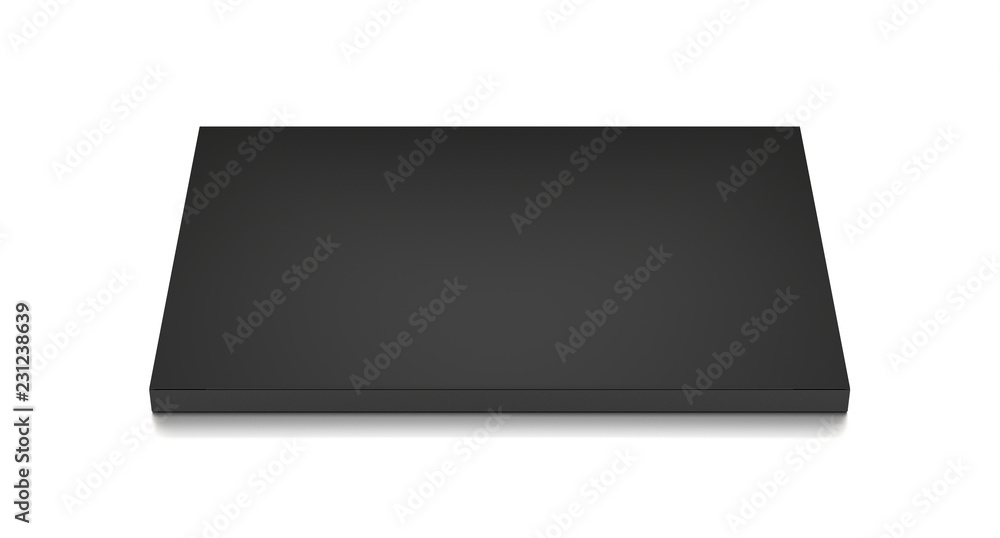 Black horizontal thin blank box from front top angle. 3D illustration isolated on white background. Black horizontal thin blank box from front top angle. 3D illustration isolated on white background.