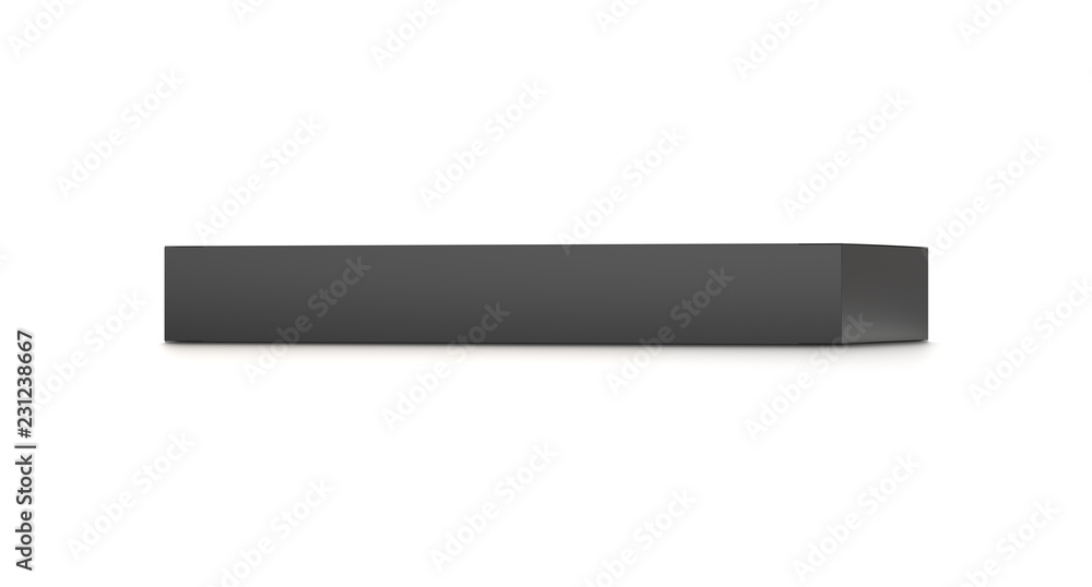Black horizontal thin blank box from front far angle. 3D illustration isolated on white background. Black horizontal thin blank box from front far angle. 3D illustration isolated on white background.