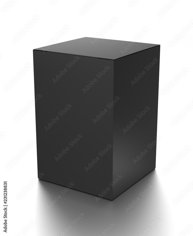 Black vertical blank box from front top side angle. 3D illustration isolated on white background. Black vertical blank box from front top side angle. 3D illustration isolated on white background.