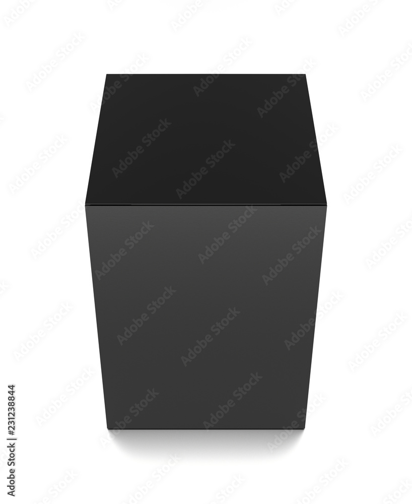 Black vertical blank box from front top angle. 3D illustration isolated on white background. Black vertical blank box from front top angle. 3D illustration isolated on white background.