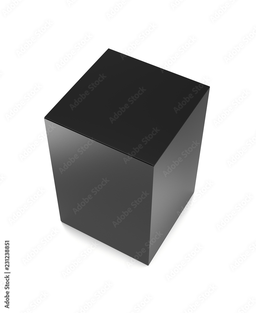 Black vertical blank box from front top side far angle. 3D illustration isolated on white background. Black vertical blank box from front top side far angle. 3D illustration isolated on white background.