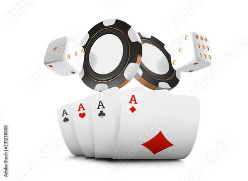 Playing cards, poker chips and dice fly casino on white background. Poker casino vector illustration. Online casino game gambling table 3d vector concept.