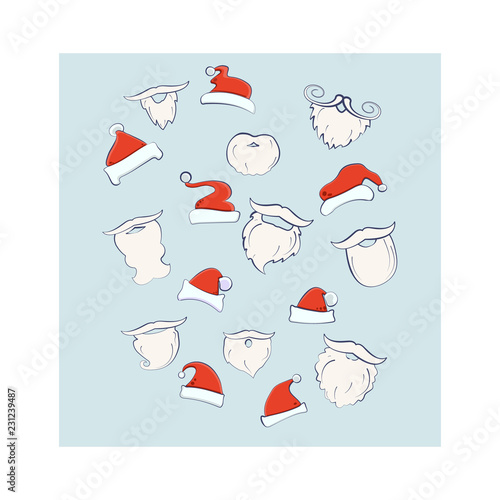A set of props for a photo shoot for Christmas and New Year, beard and hats, 16 items, vector illustration