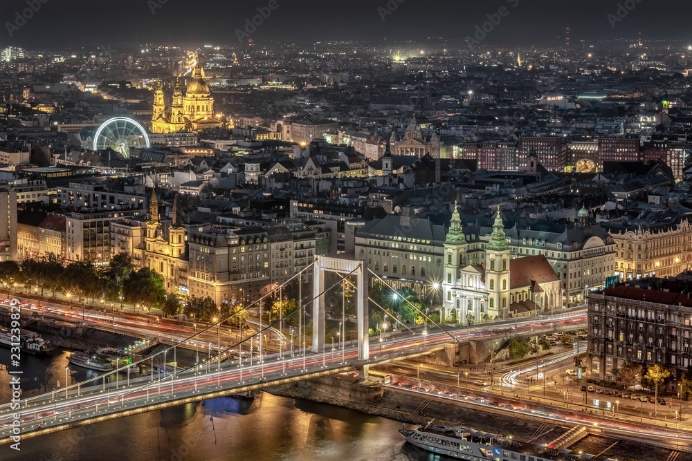 Night aerial view of the Pest side of Budapest across the Danube River in Hungary, Europe
