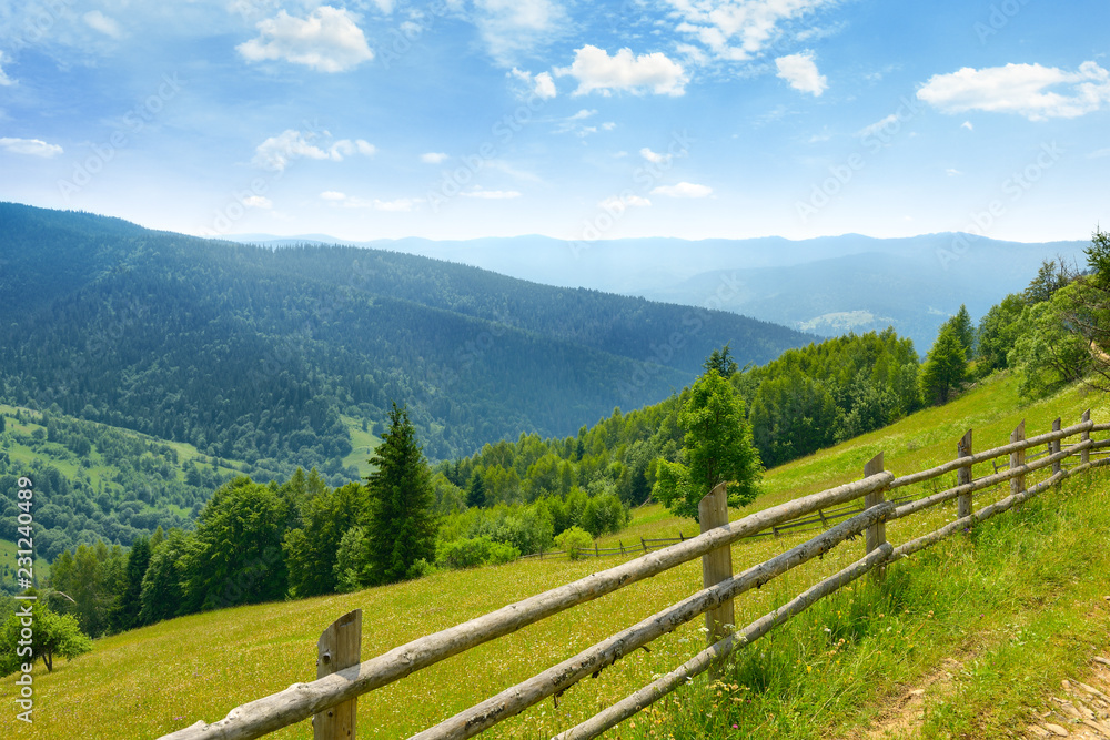 View of mountain meadows and blue sky in Ukrainian Carpathians.