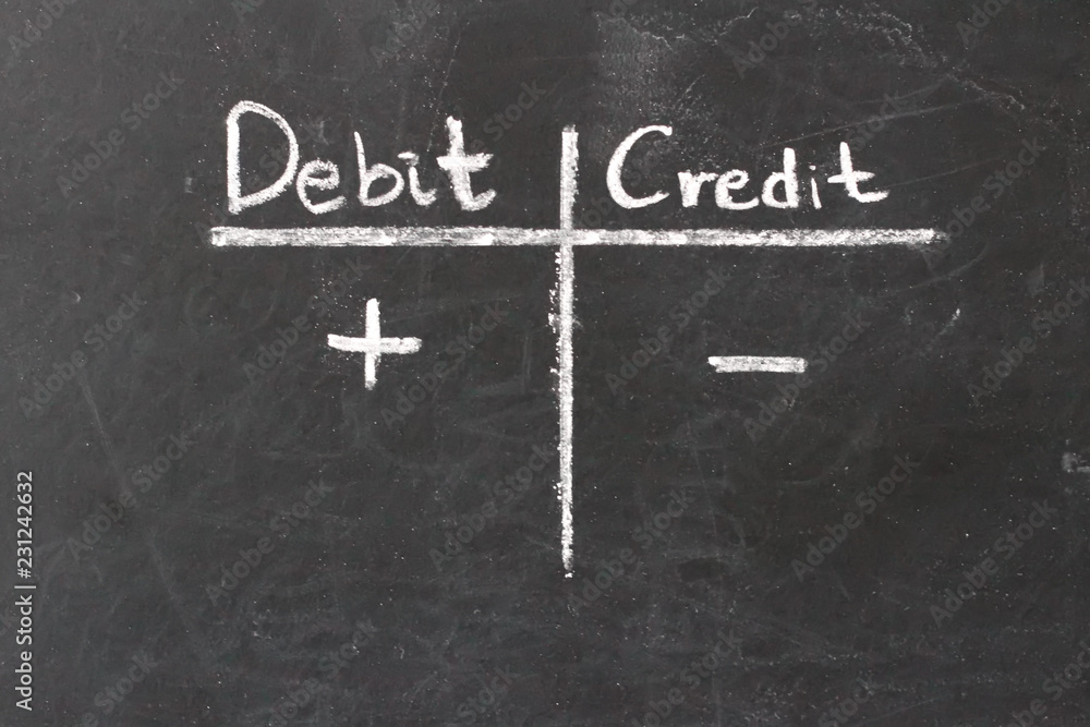 Double-entry bookkeeping, debit and credit on chalkboard Stock Photo ...