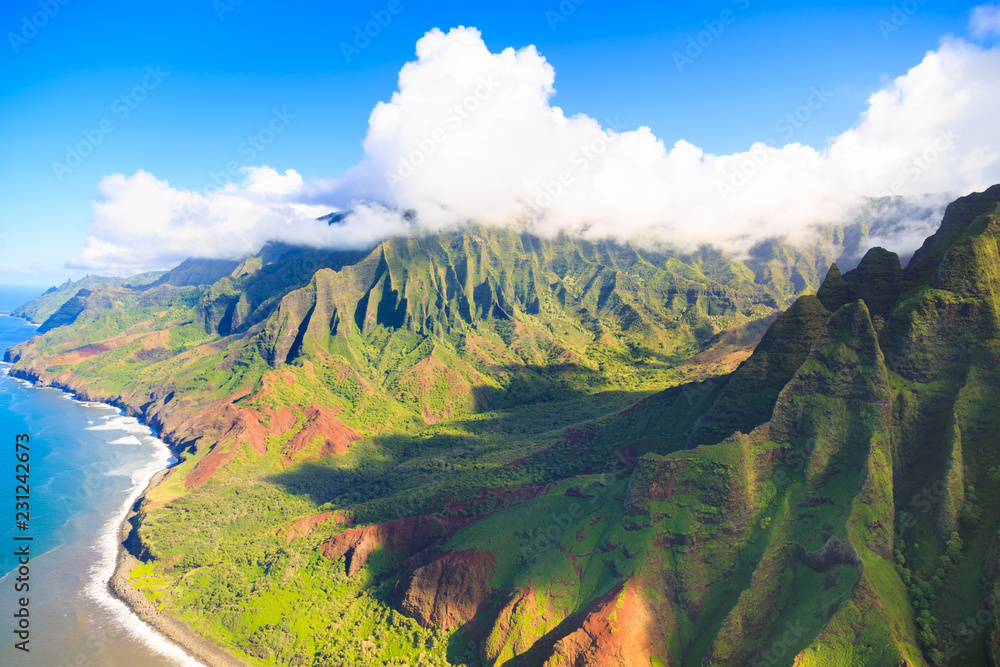 Aerial view of Na Pali Coast, Kauai island,  Hawaii