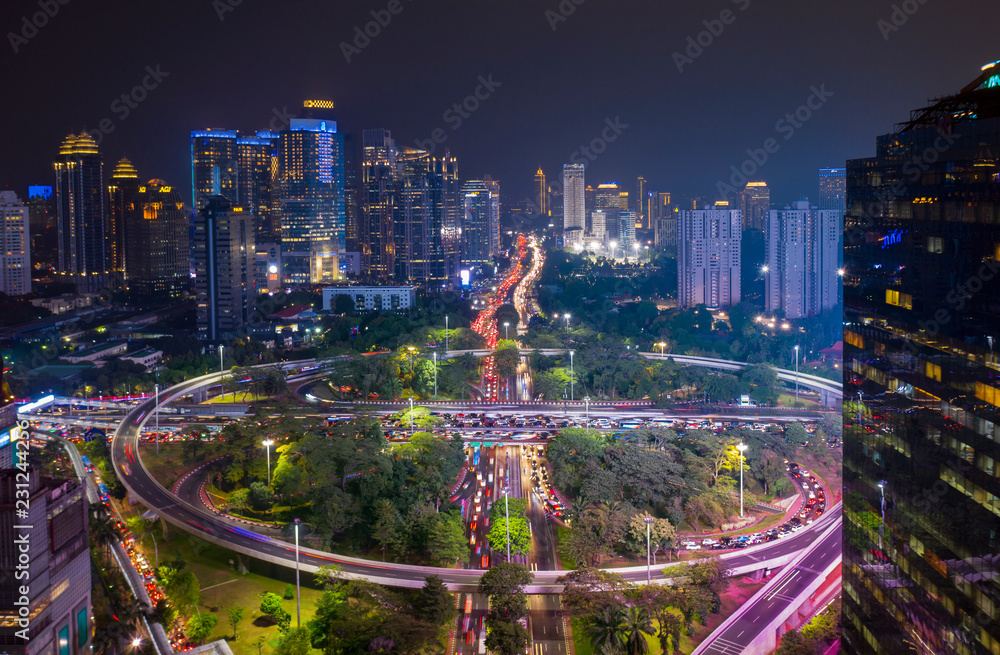 Fototapeta premium Semanggi bridge with night lights in Jakarta city