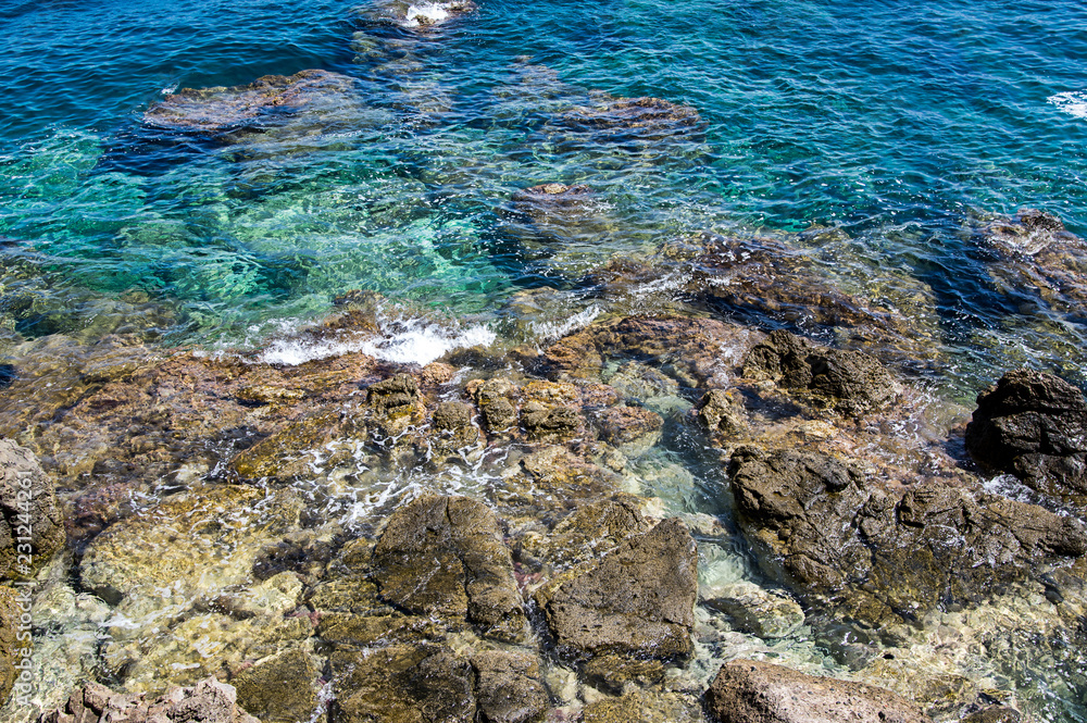 Cliffs of Aegean sea in Rethymno, Crete island, Greece