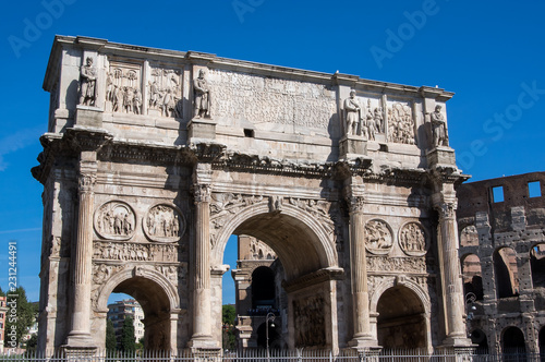 The Arch of Constantine (Rome, Italy) situated between the Colosseum and the Palatine Hill is the largest Roman triumphal arch.