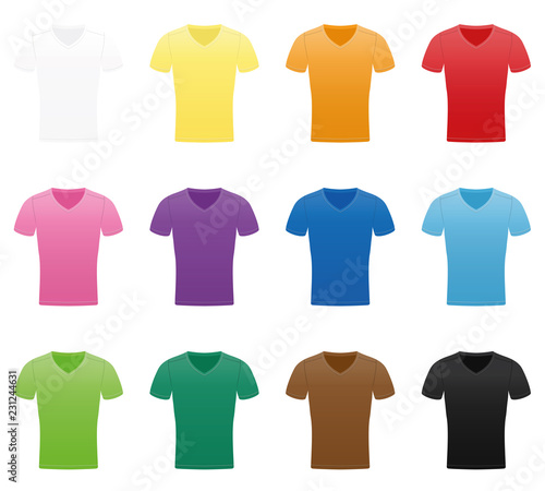 T-Shirts. Colored set of twelve different shirts. Isolated vector illustration on white background.

