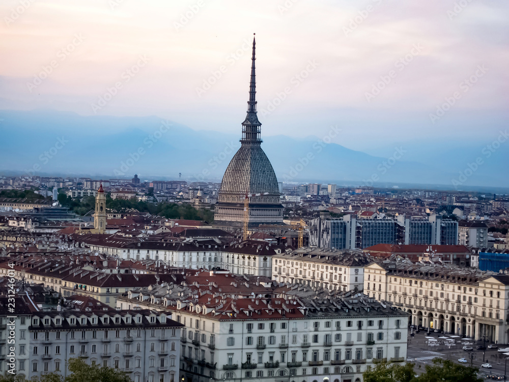 Turin city (Torino) skyline with Mole Antonelliana in the evening, Italy.