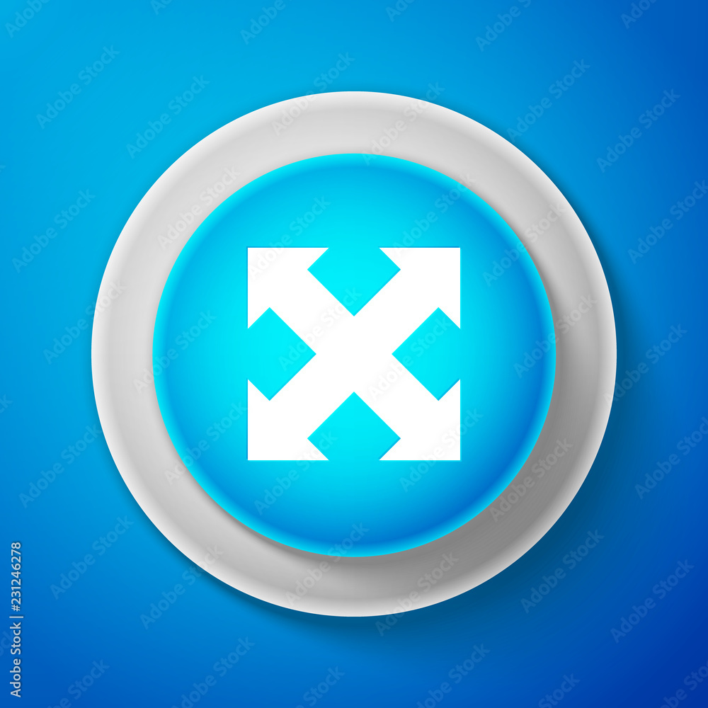 White Arrows in four directions icon isolated on blue background. Circle blue button with white line. Vector Illustration White Arrows in four directions icon isolated on blue background. Circle blue button with white line. Vector Illustration
