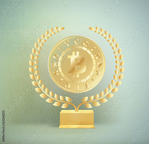 Golden realistic money coin bitcoin on gilded stand base or pedestal with victory laurel wreath on light textured background. Vector illustration