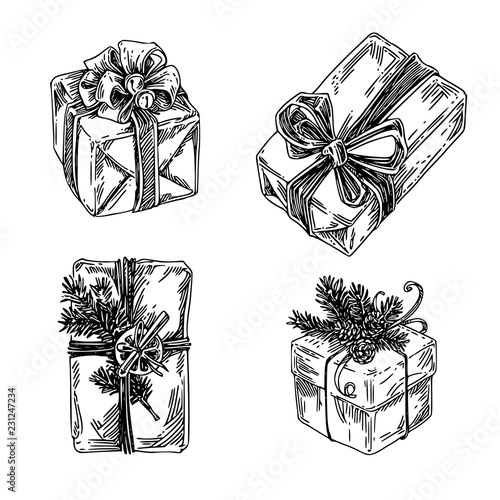 Set of boxes gifts decorated with bows. Sketch. Engraving style. Vector illustration.