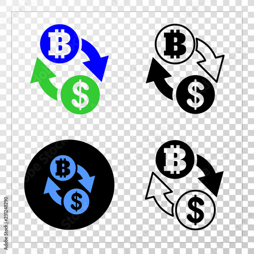 Dollar bitcoin exchange EPS vector pictograph with contour, black and colored versions. Illustration style is flat iconic symbol on chess transparent background.