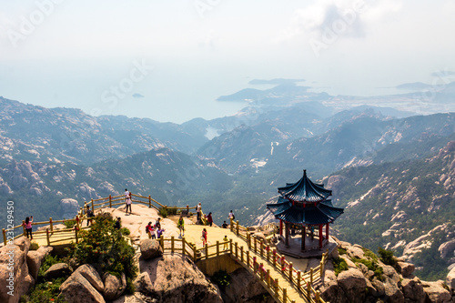 Pavilion on the top of Jufeng trail, Laoshan Mountain, Qingdao, China. Jufeng is the highest trail in Laoshan, where visitors can enjoy beautiful aerial views of the landscape