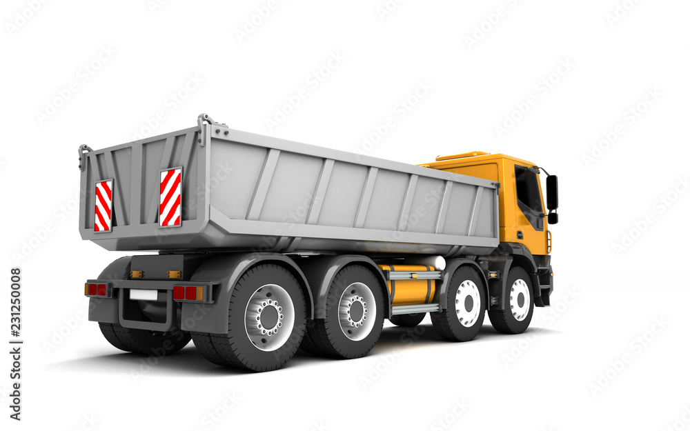Rear side view of the tipper isolated on white background. Perspective. 3d illustration. Rear side view of the tipper isolated on white background. Perspective. 3d illustration.