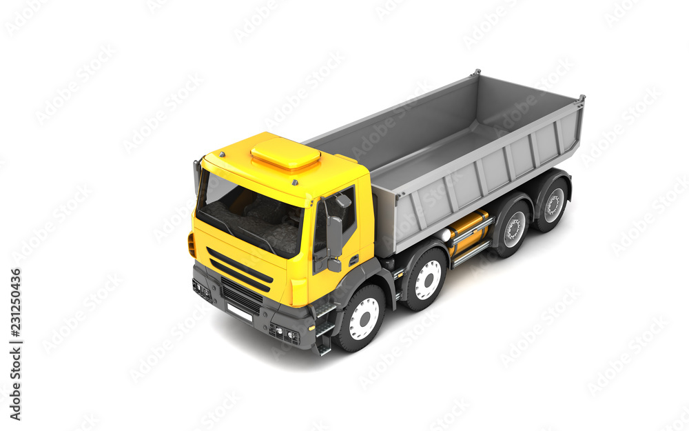 High angle view from the front left side of the tipper isolated on white background. Perspective. 3d illustration. High angle view from the front left side of the tipper isolated on white background. Perspective. 3d illustration.