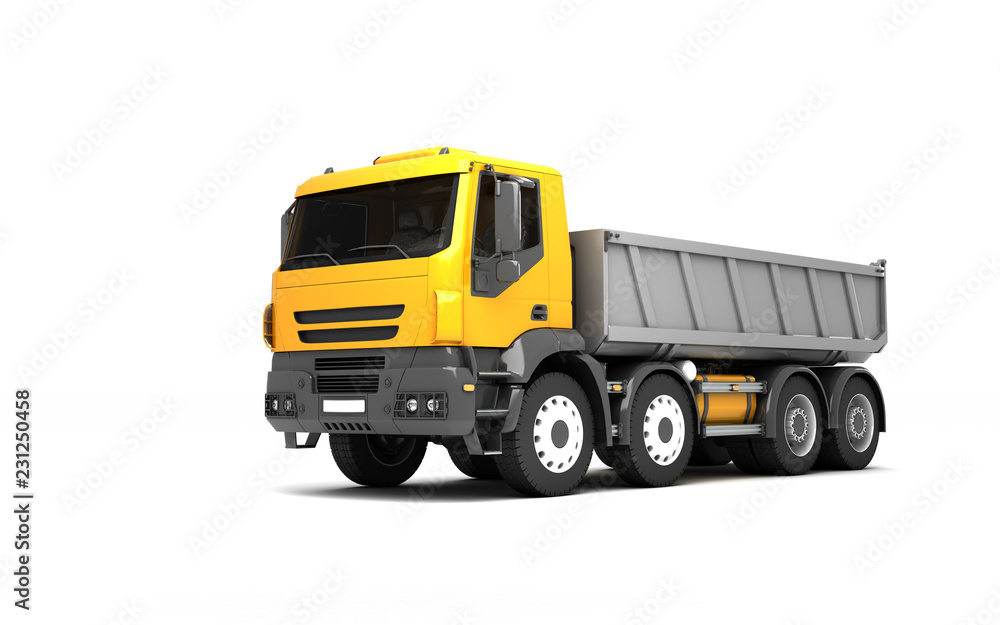 Front left view of the tipper isolated on white background. Perspective. 3d illustration.