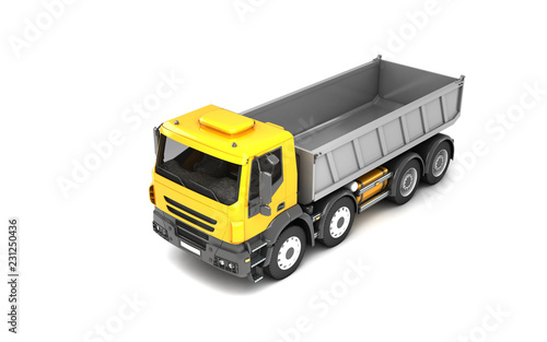 High angle view from the front left side of the tipper isolated on white background. Perspective. 3d illustration.