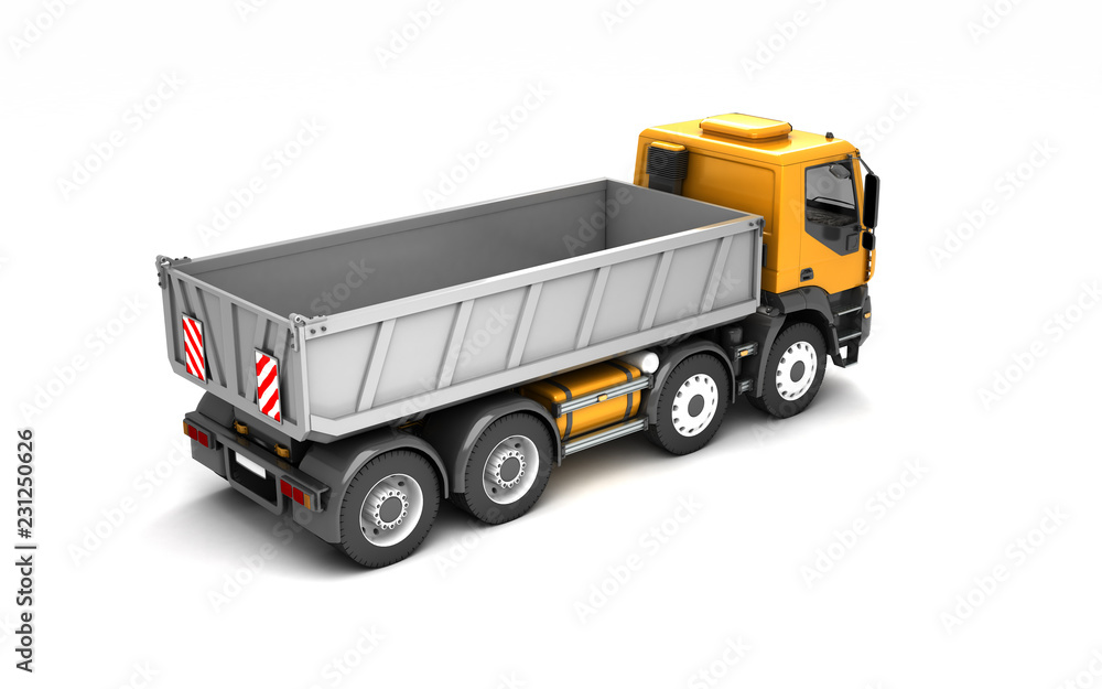 High angle view on rear side of the tipper isolated on white background. Perspective. 3d illustration.