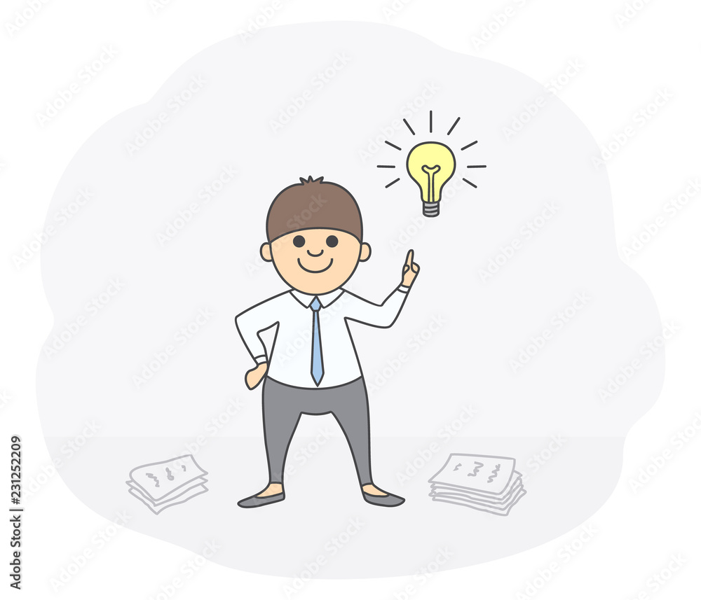 Concept of idea generation, inspiration, solution. Smiling businessman with a burning light overhead as symbol of a good idea. Hand drawn style, vector illustration. Concept of idea generation, inspiration, solution. Smiling businessman with a burning light overhead as symbol of a good idea. Hand drawn style, vector illustration.