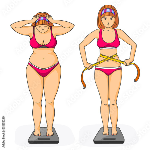 Concept of healthcare and losing weight. Young woman looks at the scales before and after diet. Hand drawn style, vector illustration.