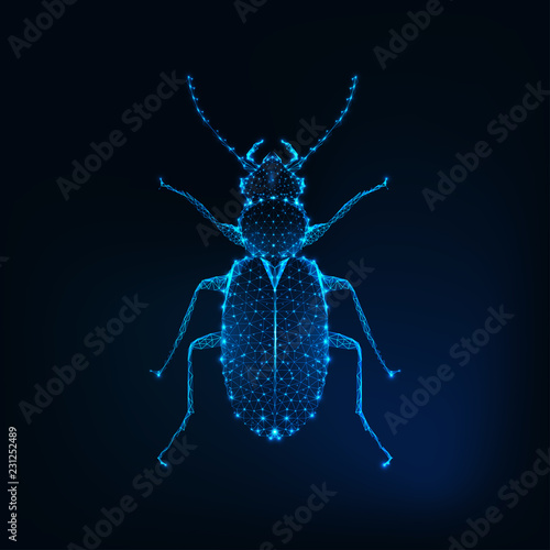 Glowing low polygonal june bug isolated on dark blue background.