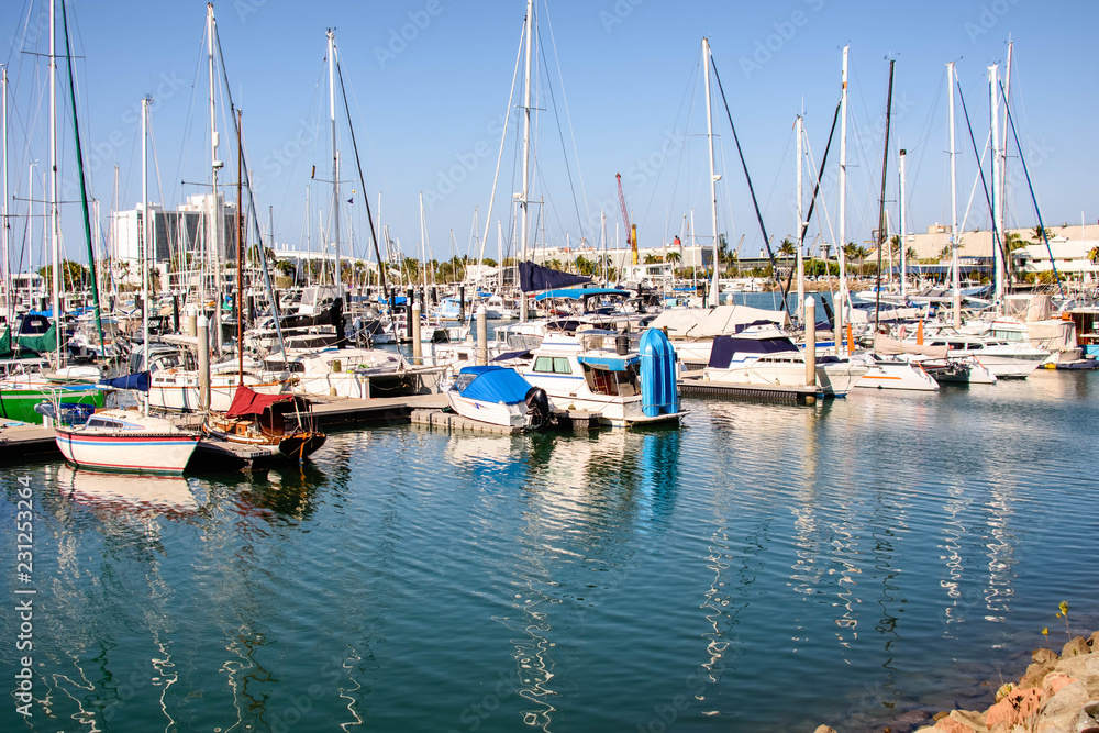 Moored boats, yachts and catamarans in Townsville, Queensland, Australia