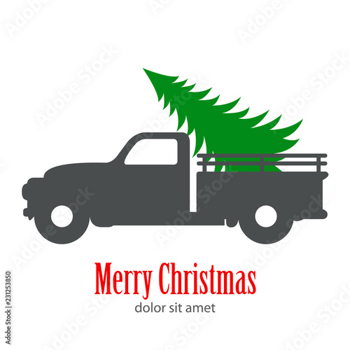 Logotipo con texto Merry Christmas con camión vintage gris con árbol de navidad