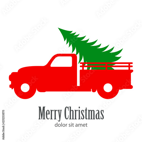 Logotipo con texto Merry Christmas con camión vintage rojo con árbol de navidad