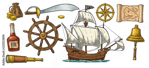 Set pirate adventure. Vector color vintage engraving