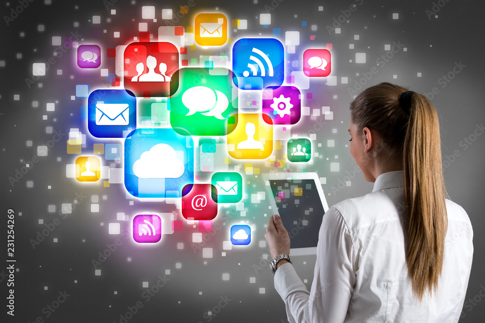 businesswoman holding tablet and internet icon design businesswoman holding tablet and internet icon design
