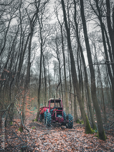 Tractor, abandoned in the forest, operating pollution.