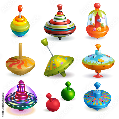 Top toy vector kids whirligig humming spinner and playing colorful spinning game illustration set of cartoon childish twirl motion spin isolated on white background
