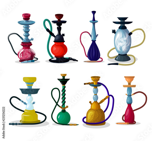 Hookah vector tobacco hooka smoke pipe arabic shisha and smoking hubble-bubble illustration set of turkish aroma tube object for relaxation isolated on white background