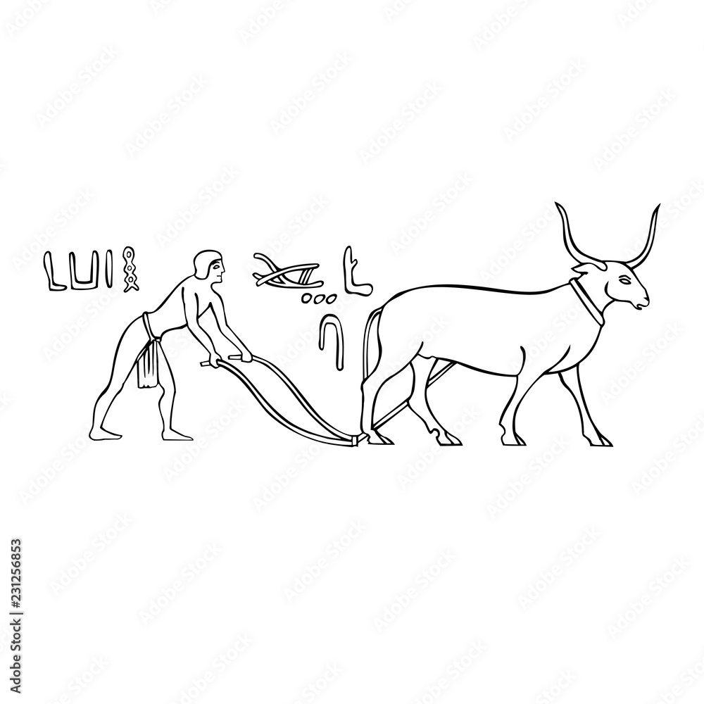 Egyptian hieroglyph depicting a man plowing on a bull.