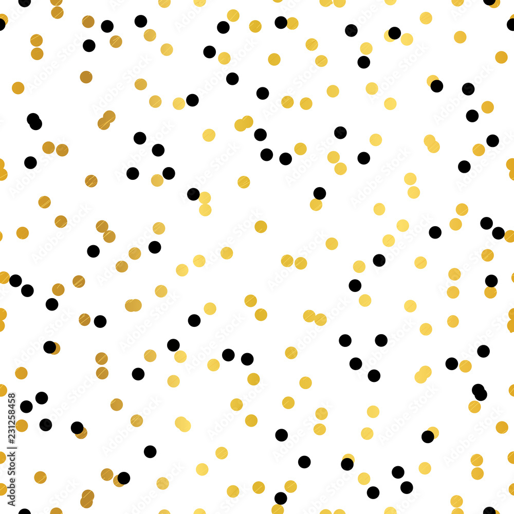 Black and gold confetti dots seamless pattern. Great for baby and nursery fabric, wallpaper, giftwrap, wedding invitations as well as Birthday projects. - obrazy, fototapety, plakaty 