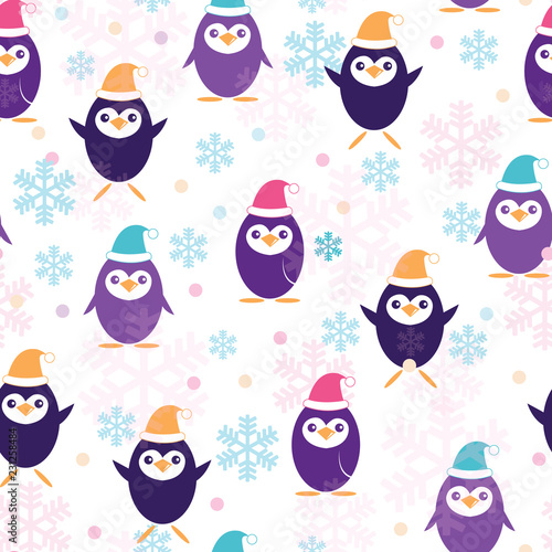 Cute penguins in Santa Claus hat seamless pattern. Great for baby and nursery...