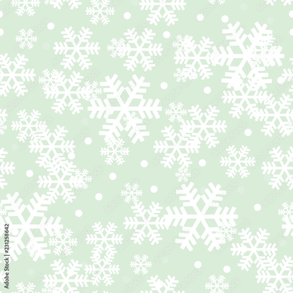 Mint green Christmas snowflakes repeat pattern. Great for winter holidays wallpaper, backgrounds, invitations, packaging design projects. Surface pattern design.