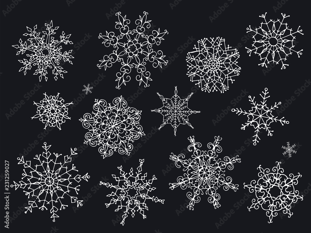 Big set of hand drawn doodle style snowflakes isolated on black background. Vector illustration. Big set of hand drawn doodle style snowflakes isolated on black background. Vector illustration.