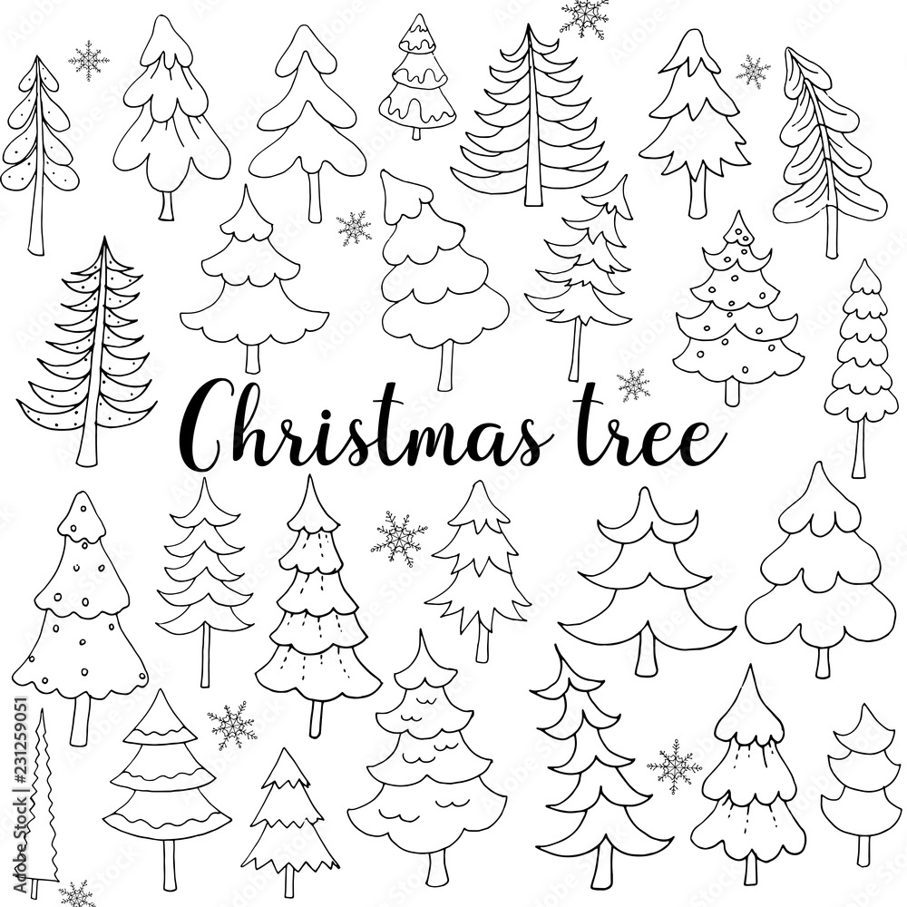 Big set of hand drawn doodle style Christmas trees isolated on white background. Vector illustration.