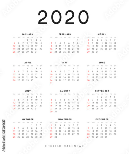 English calendar for 2020 years
