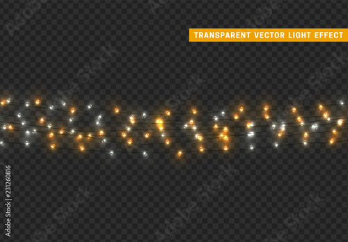Christmas lights, isolated realistic design elements on transparent background. Xmas decorations glow light garlands white and golden color.