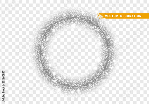 Christmas traditional decorations, silver lush tinsel. Xmas circle wreath garland, isolated realistic decor element